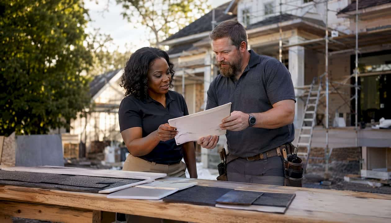 Roofing experts reviewing manufacturer certifications