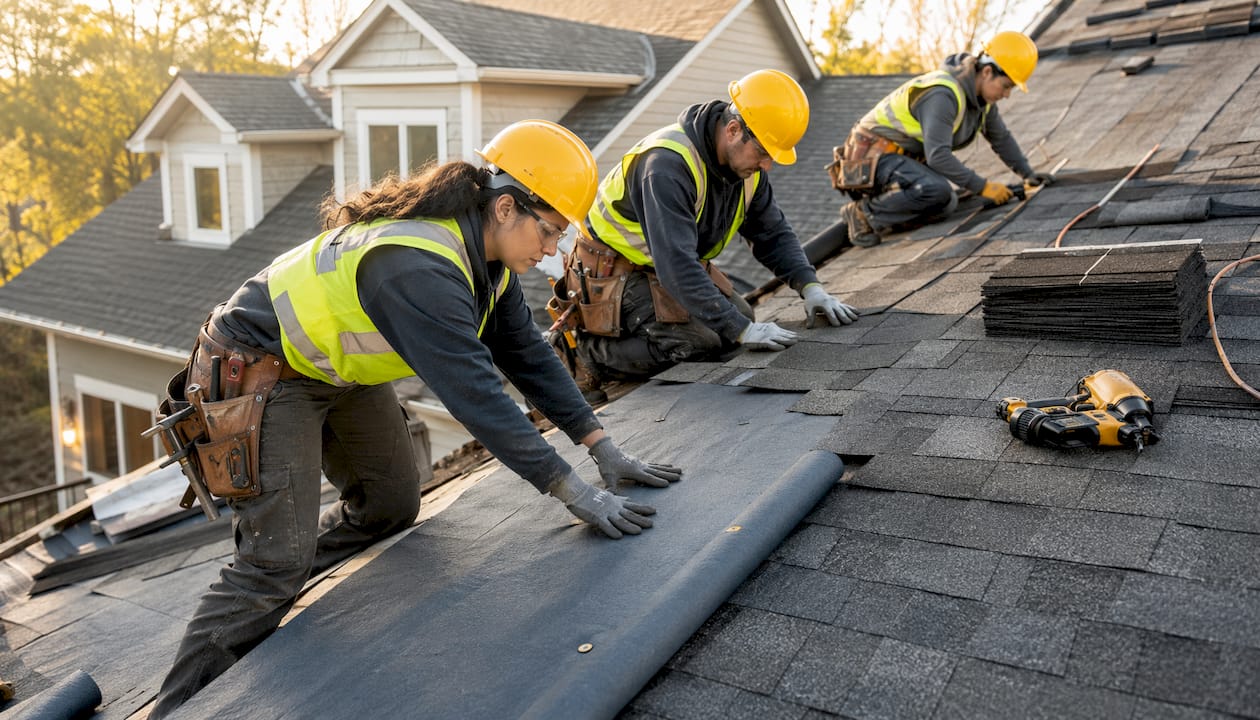 Diverse crew installing shingles on roof