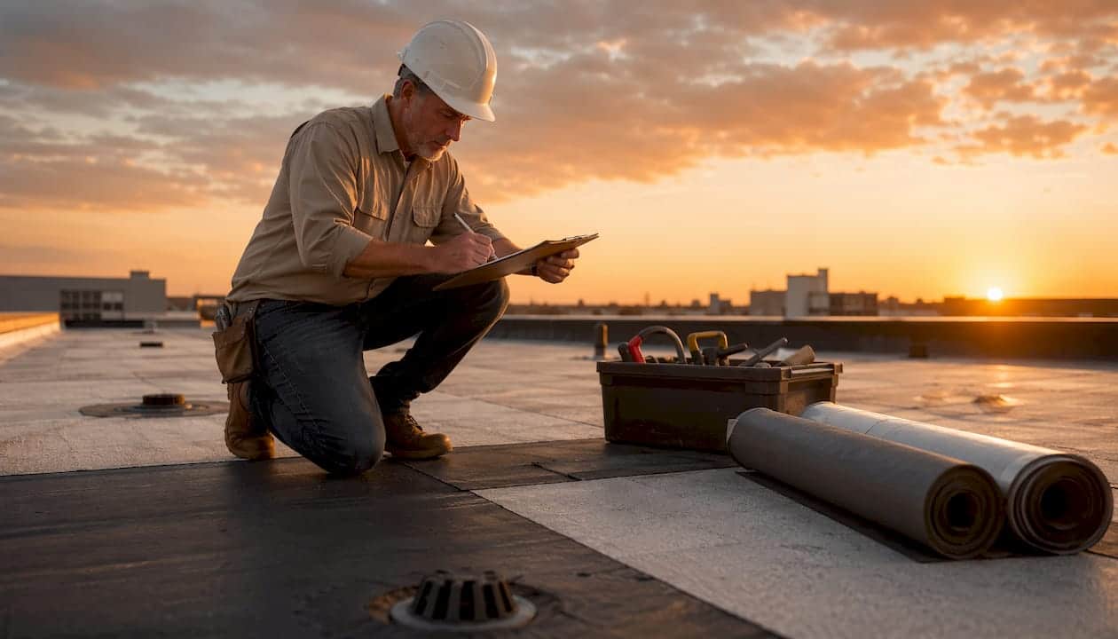 Roofing contractor inspecting flat roof on site
