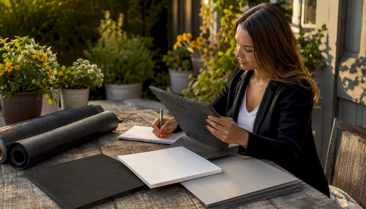 Architect reviewing flat roof material samples at table