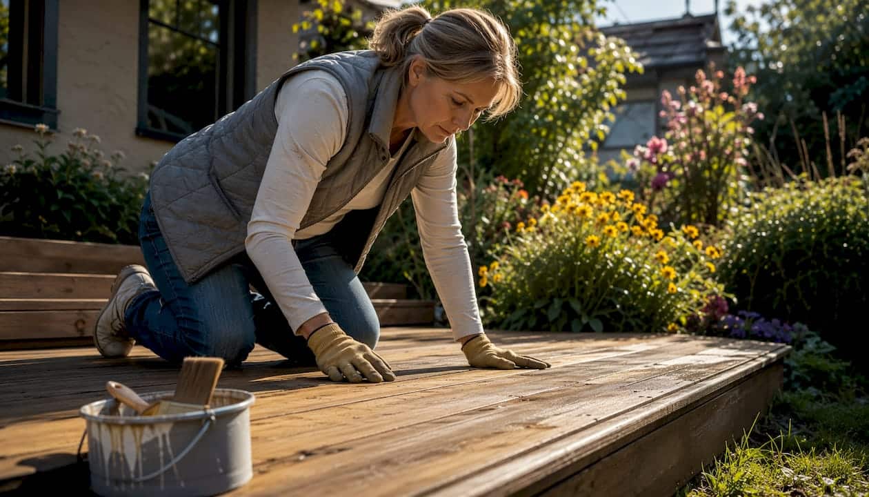 Homeowner inspecting wooden deck outdoors