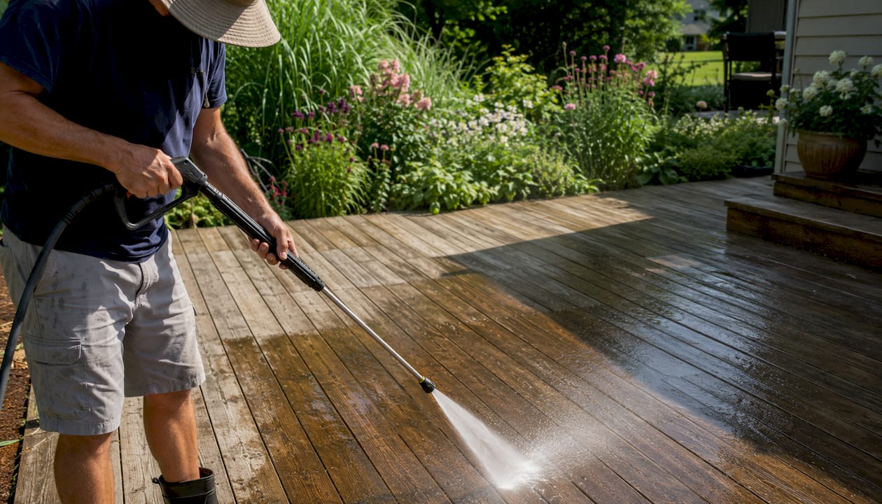 Close-up of deck being pressure washed