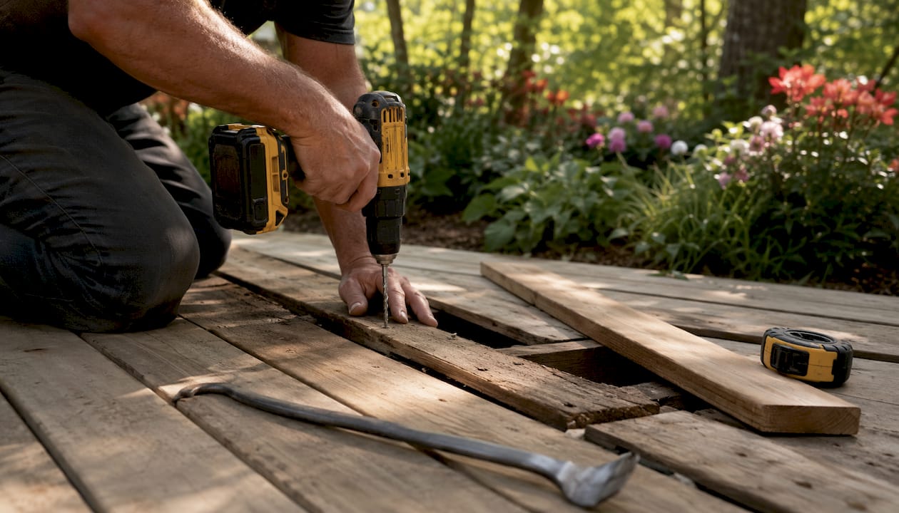 Hands repairing deck board with drill