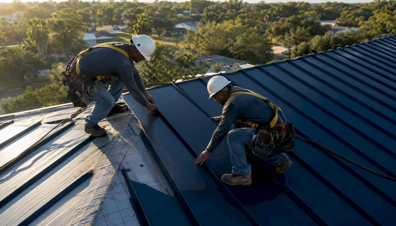 Roofers installing metal roofing panels