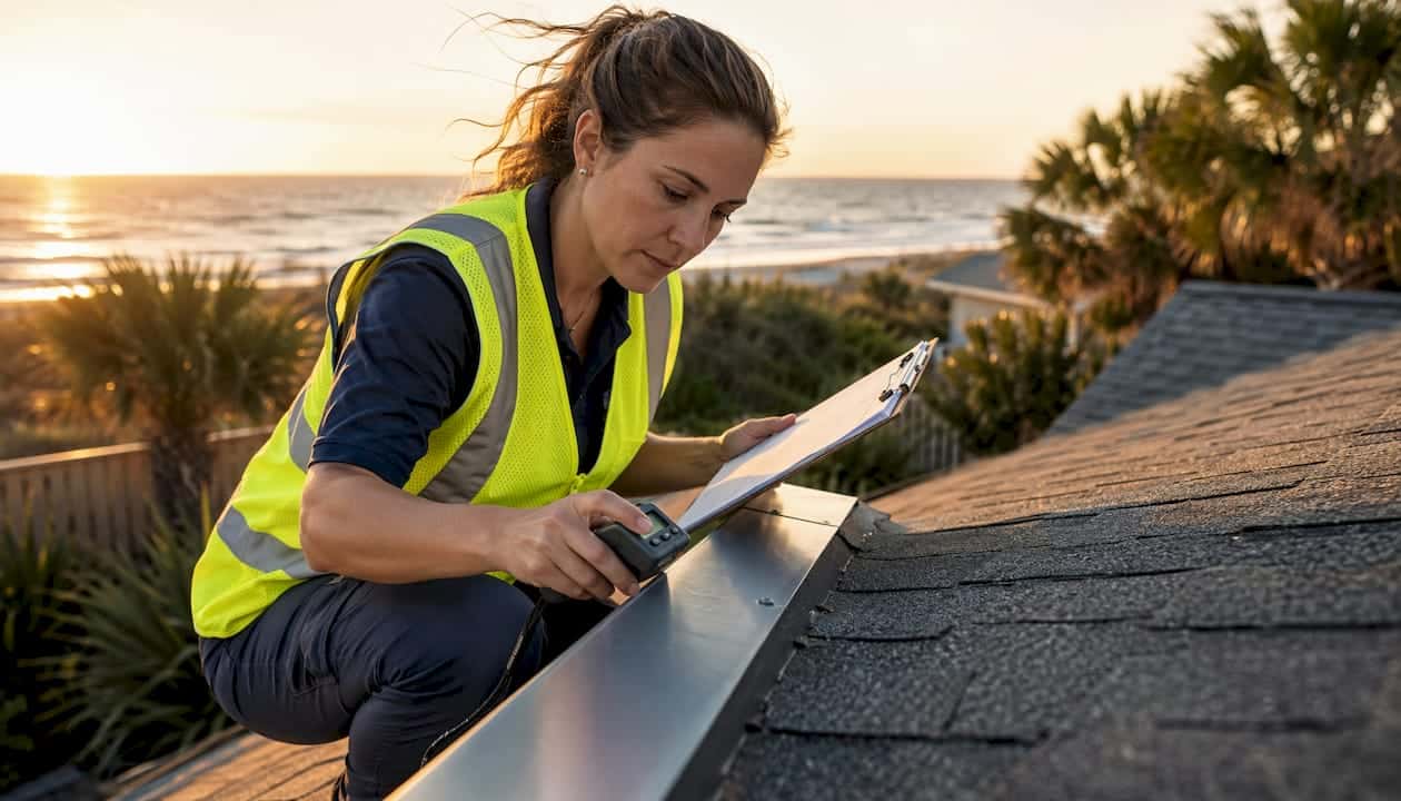 Inspector assessing coastal roof condition