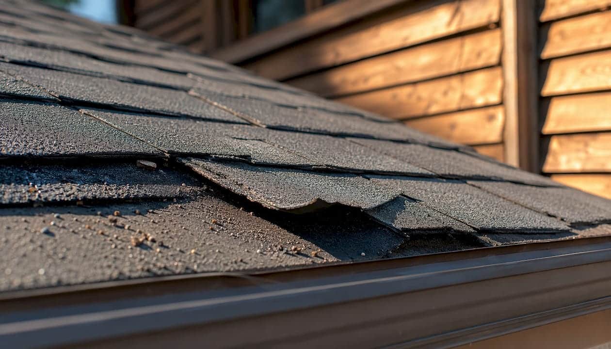 Close-up of lifted and broken roof shingles