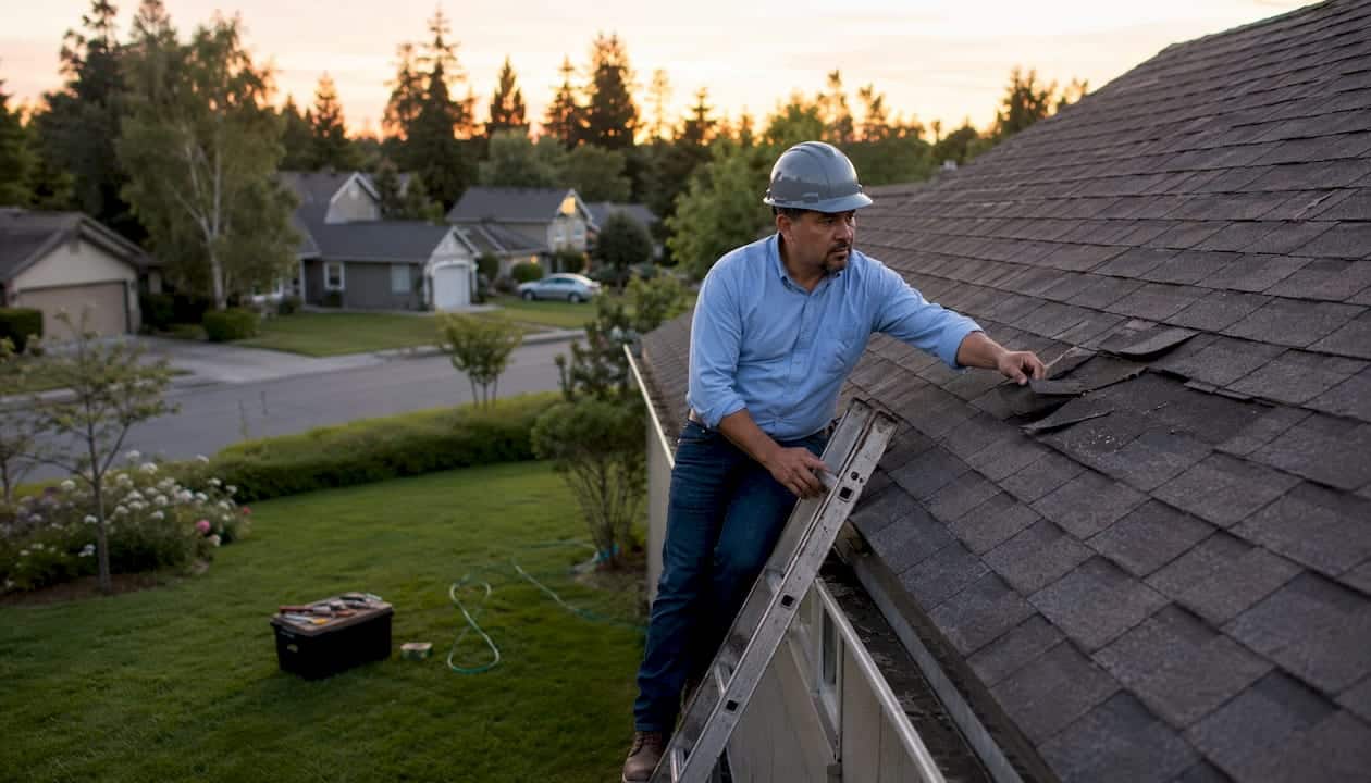 Man inspecting wind-damaged roof shingles