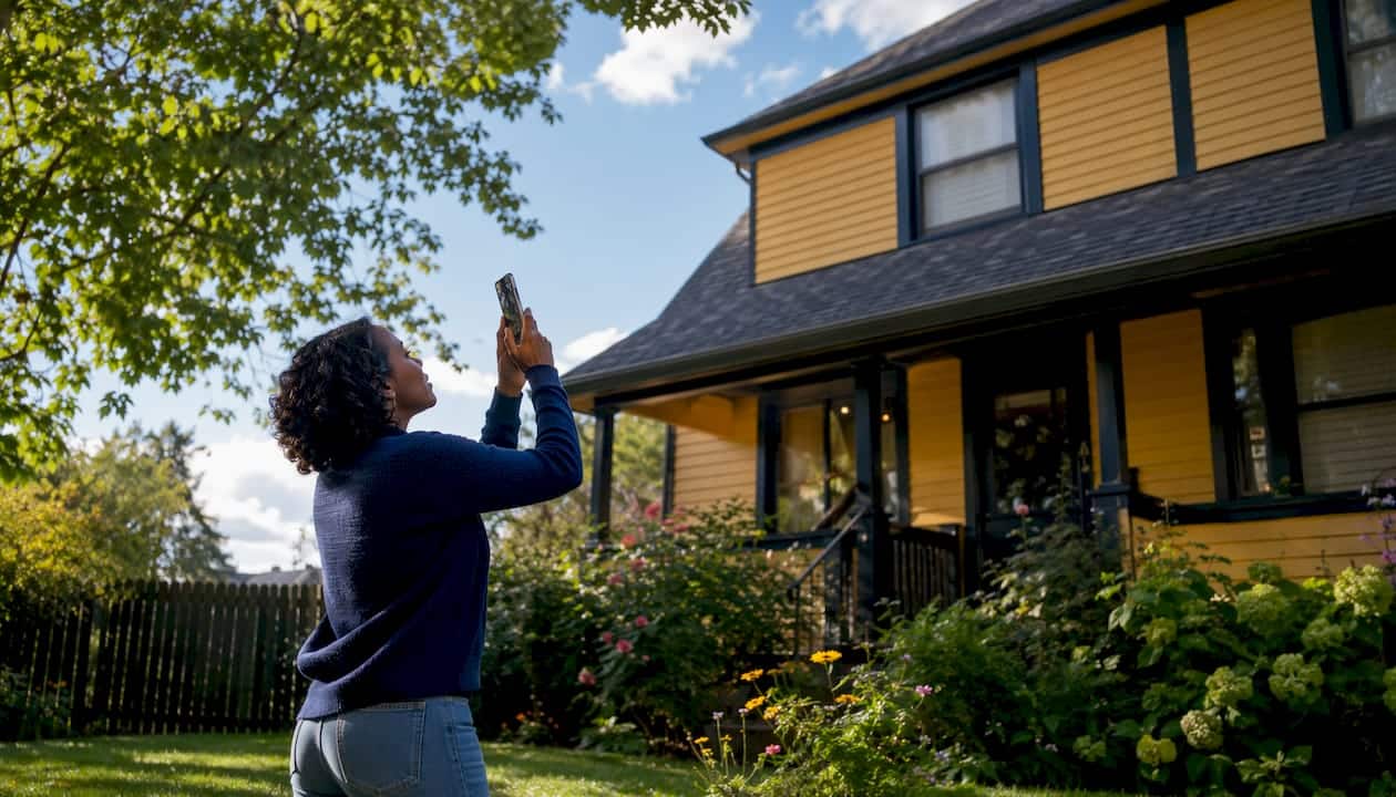 Woman photographing roof from driveway
