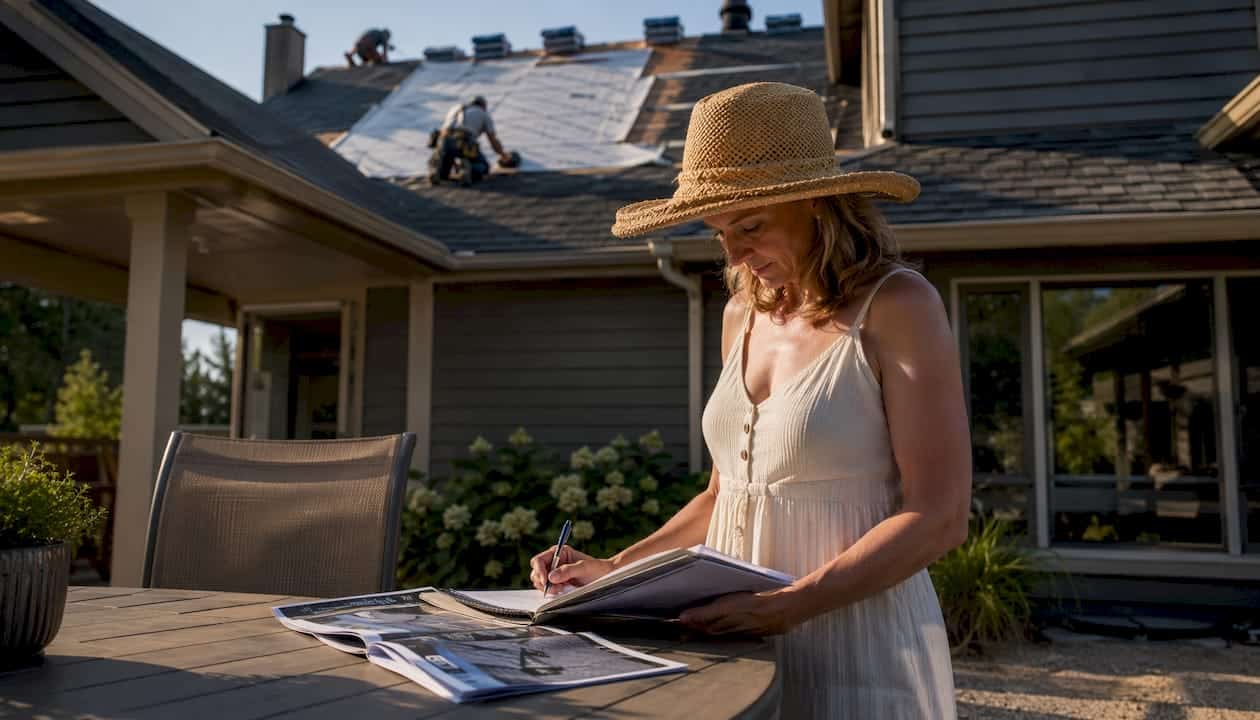 Homeowner examining roofing underlayment options outdoors