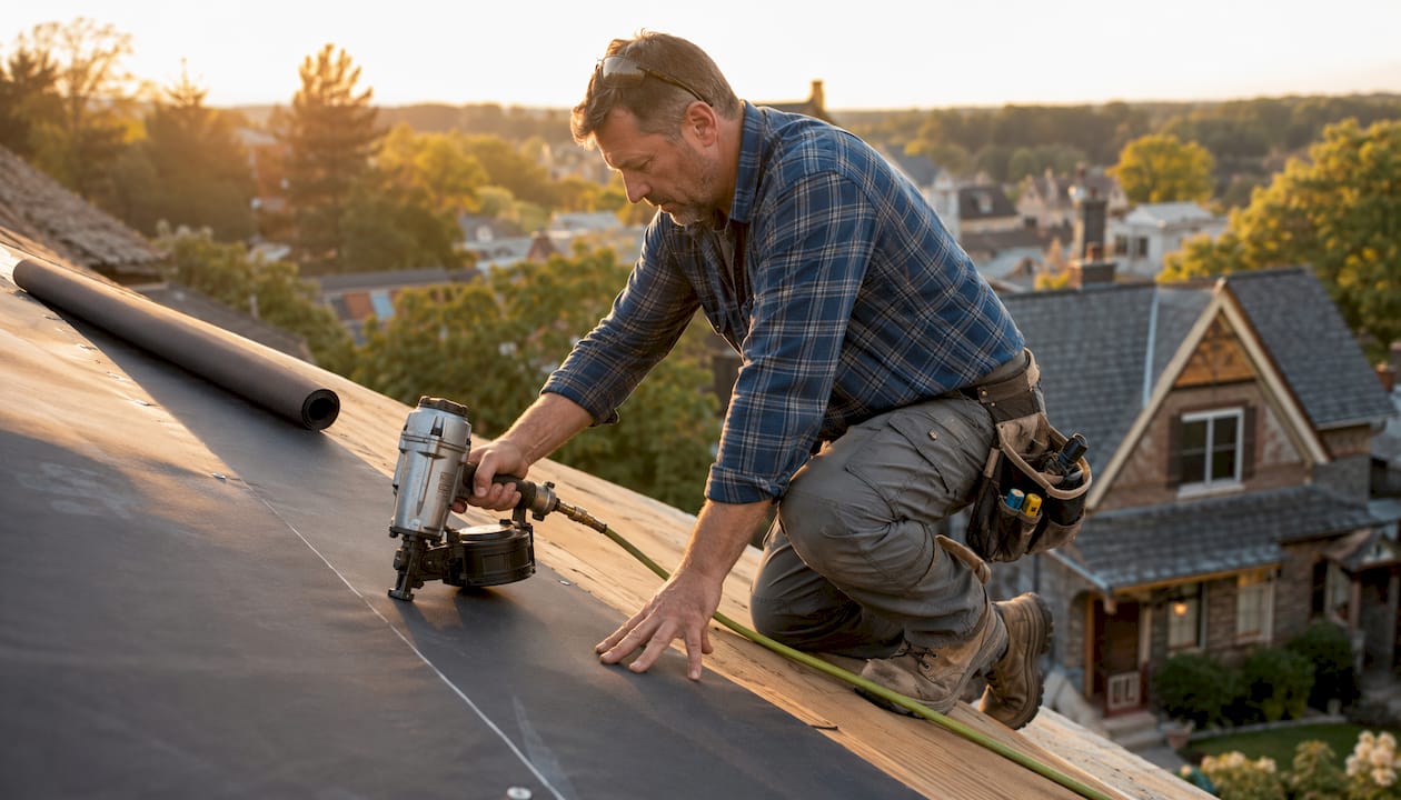 Roofer installing synthetic sheet underlayment on roof