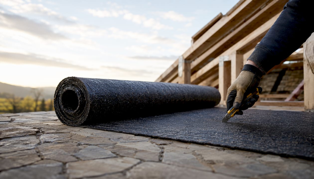 Close-up of asphalt-saturated felt on roof deck