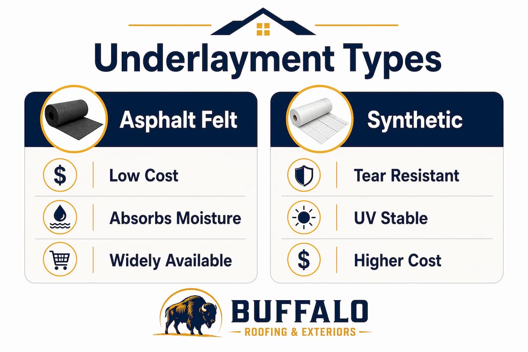 Infographic comparing asphalt felt vs synthetic underlayment