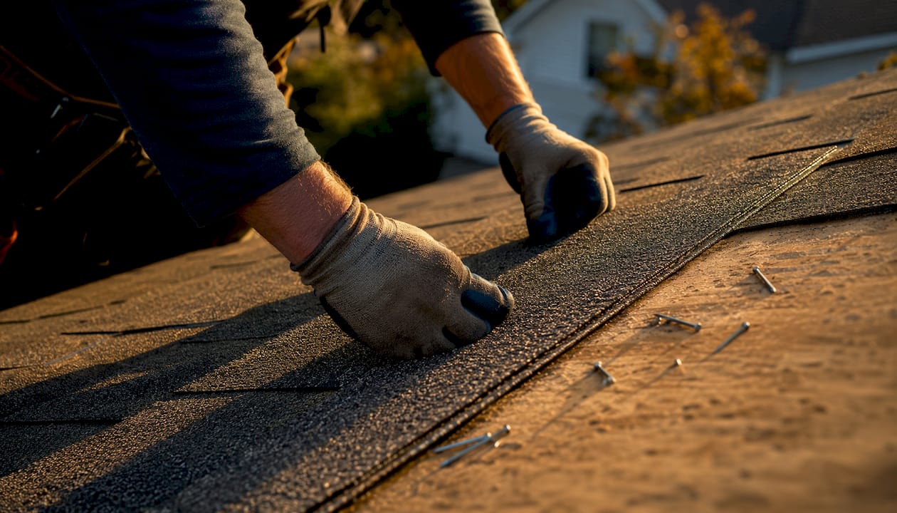 Hands installing asphalt shingles on roof