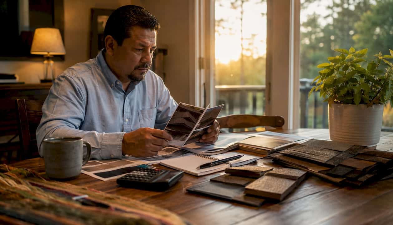 Homeowner reviewing roofing options indoors