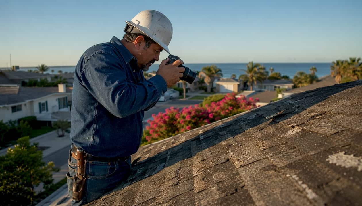 Contractor inspecting residential roof outdoors