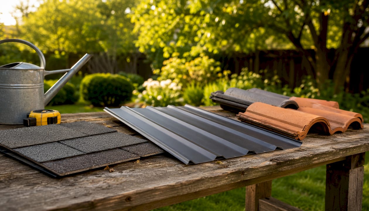 Roofing materials samples on wood table