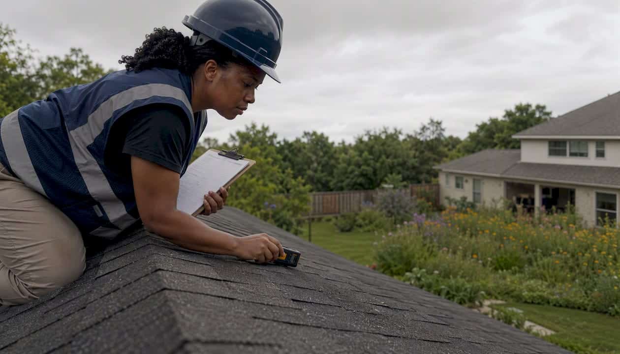 Roof inspector examining shingles on house roof