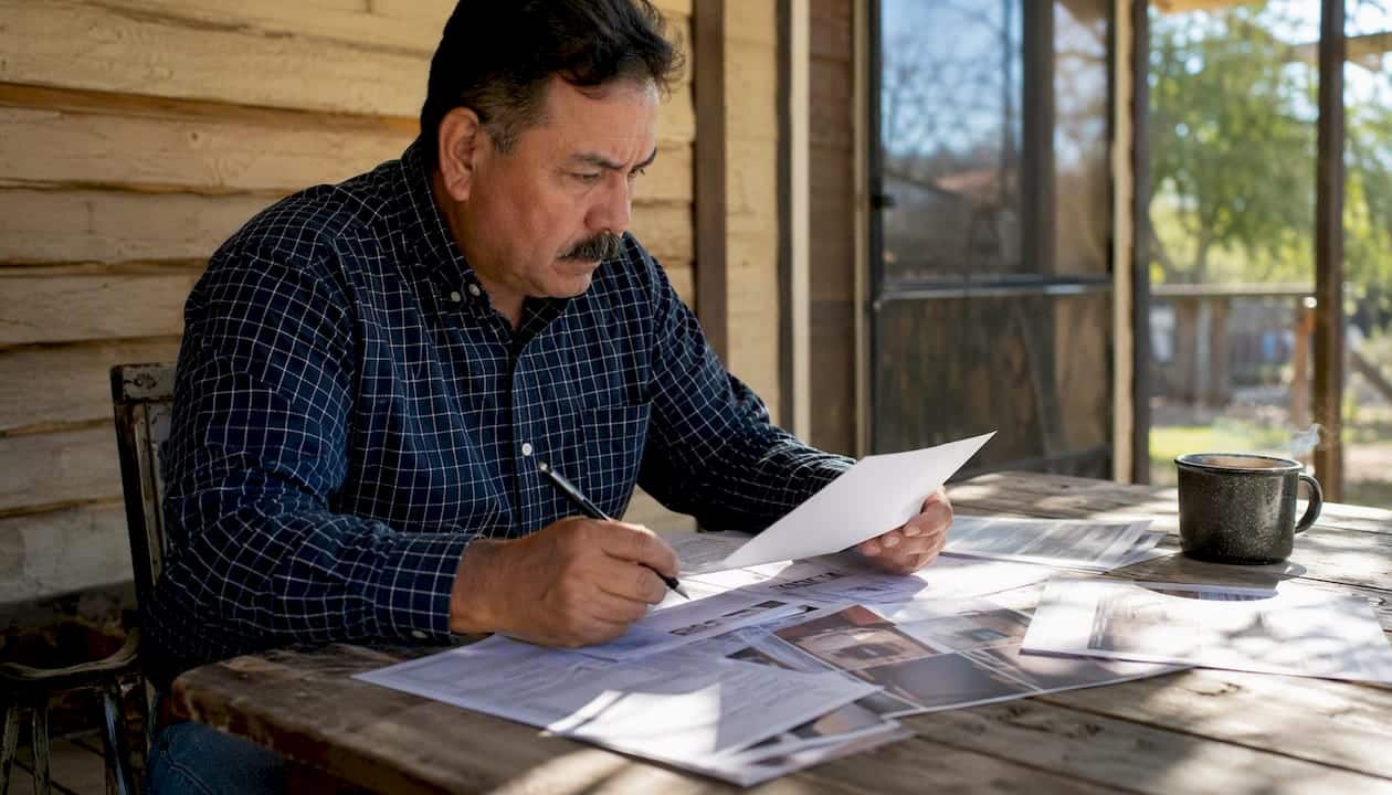 Man reviewing roofing contractor brochures at home