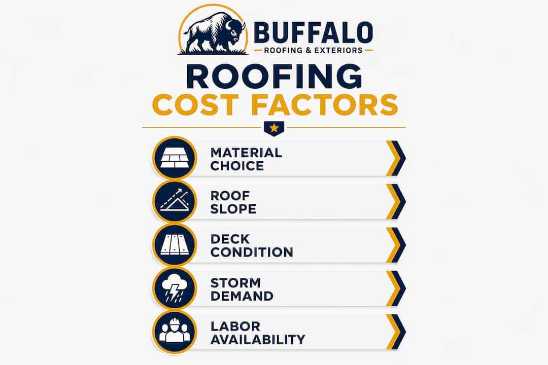 Infographic showing key roofing cost factors in vertical flow
