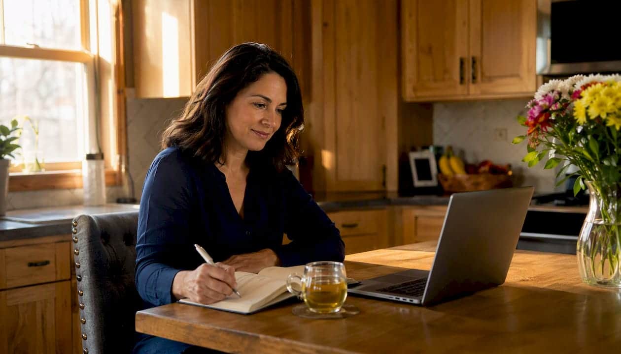 Woman browsing local pros on laptop at home