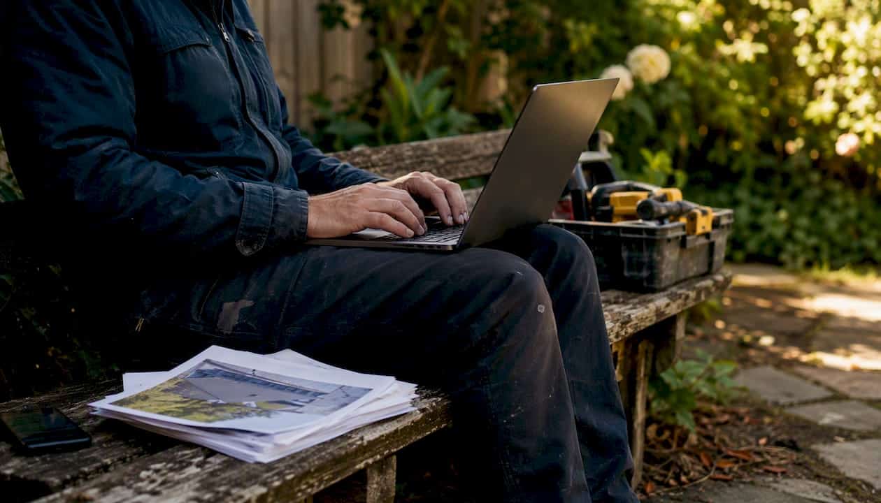 Contractor hands typing on laptop at home table