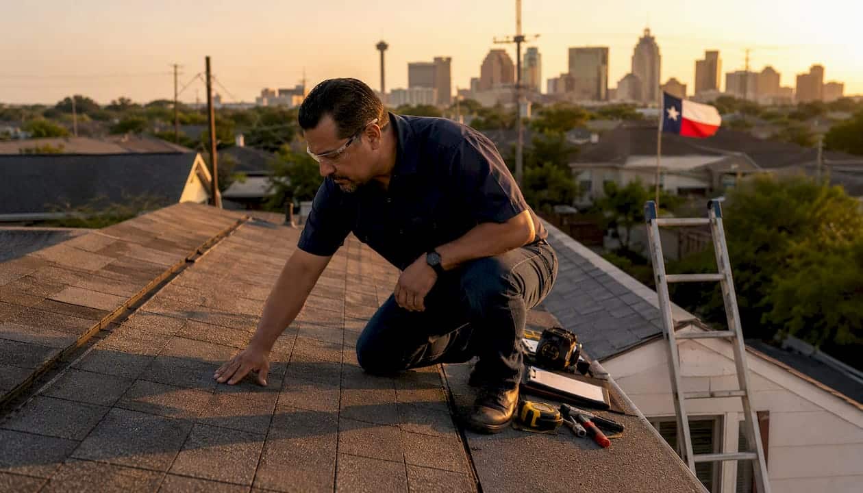Roofing contractor inspecting shingles on Texas home rooftop