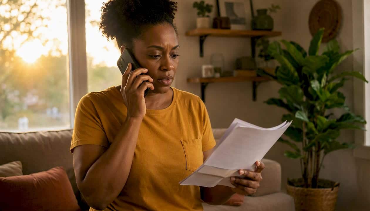 Woman verifying insurance documents and making a phone call