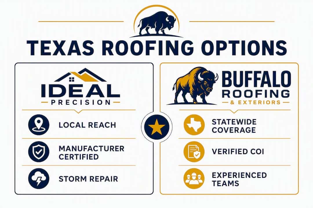 Infographic comparing Texas roofing options between Ideal Precision and Buffalo Roofing