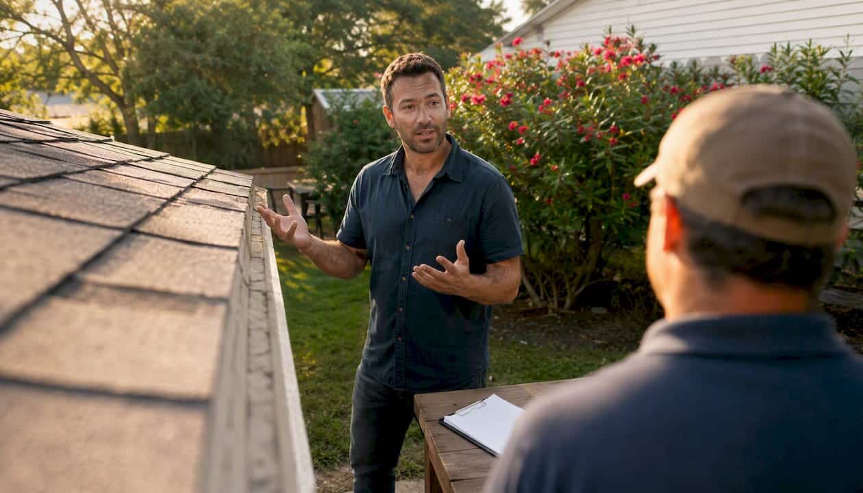 Homeowner consulting contractor about roof work
