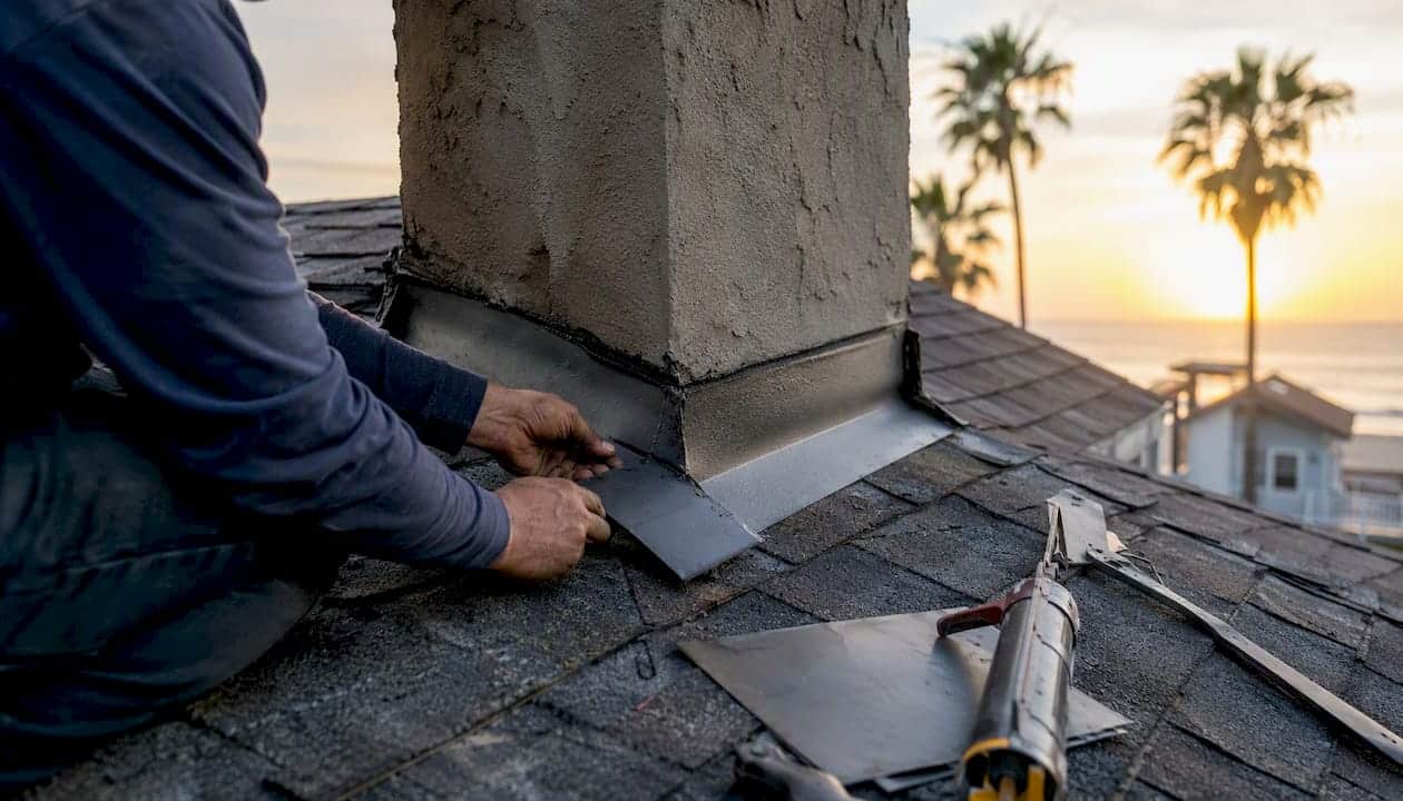 Contractor replacing roof flashing section