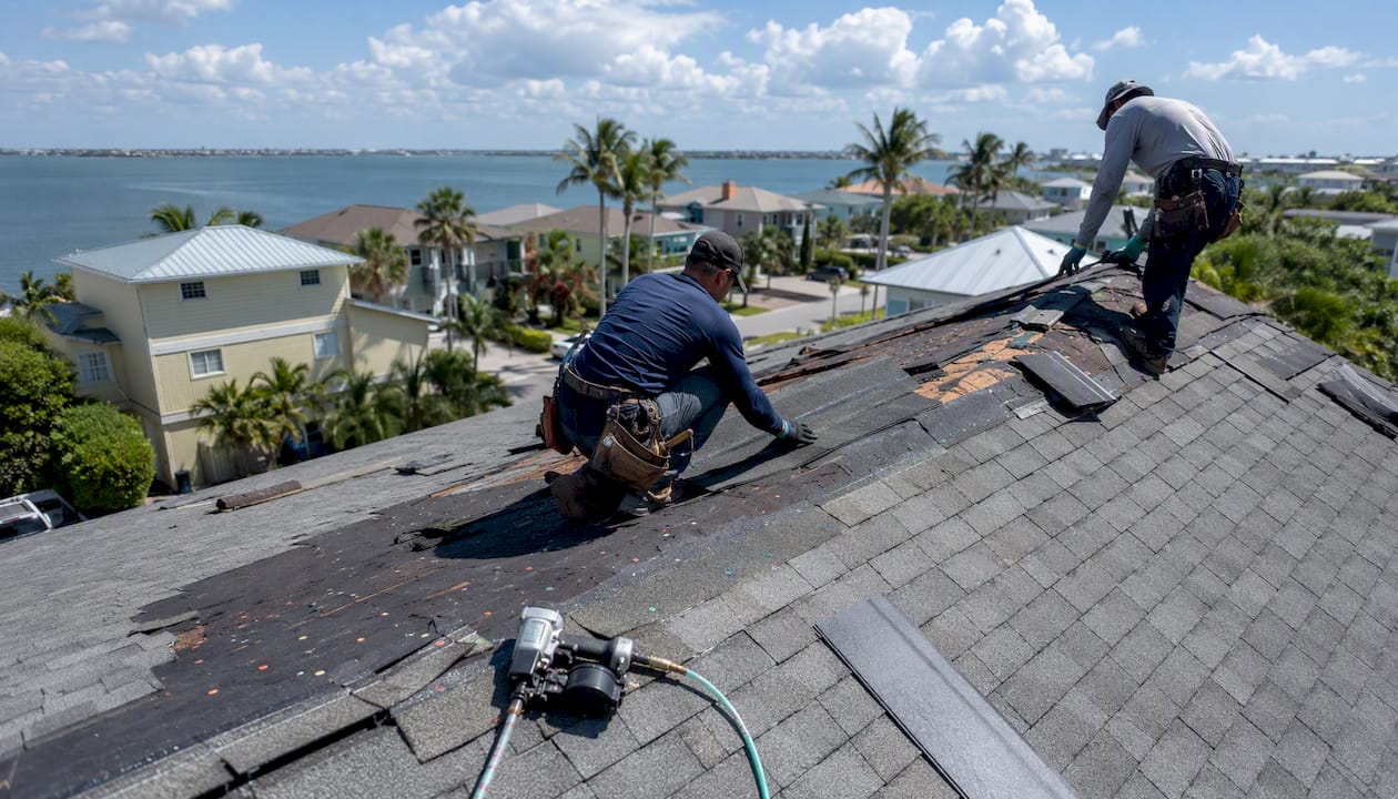 Partial roof with new shingles replacing damaged section
