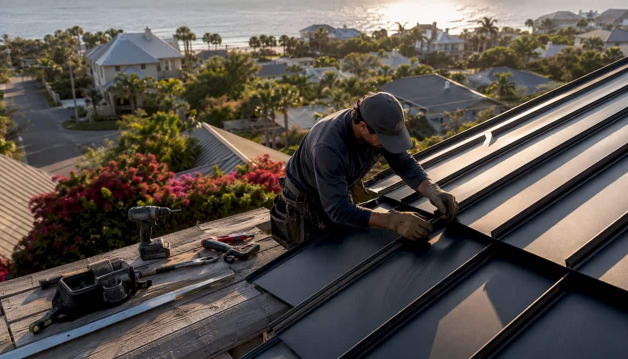 Roofer installing coastal metal roof panels