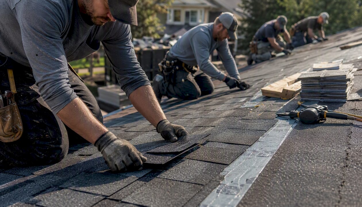 Hands installing asphalt shingles on a residential roof