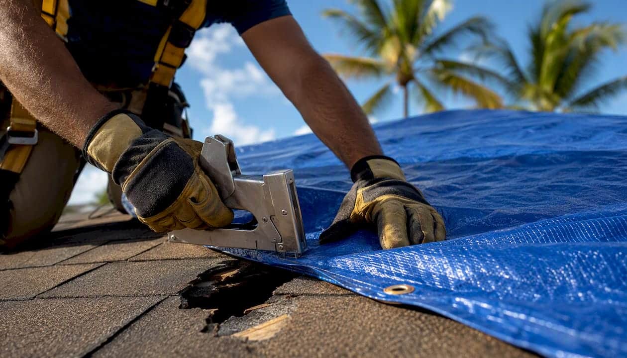 Roofer installing emergency tarp on damaged roof