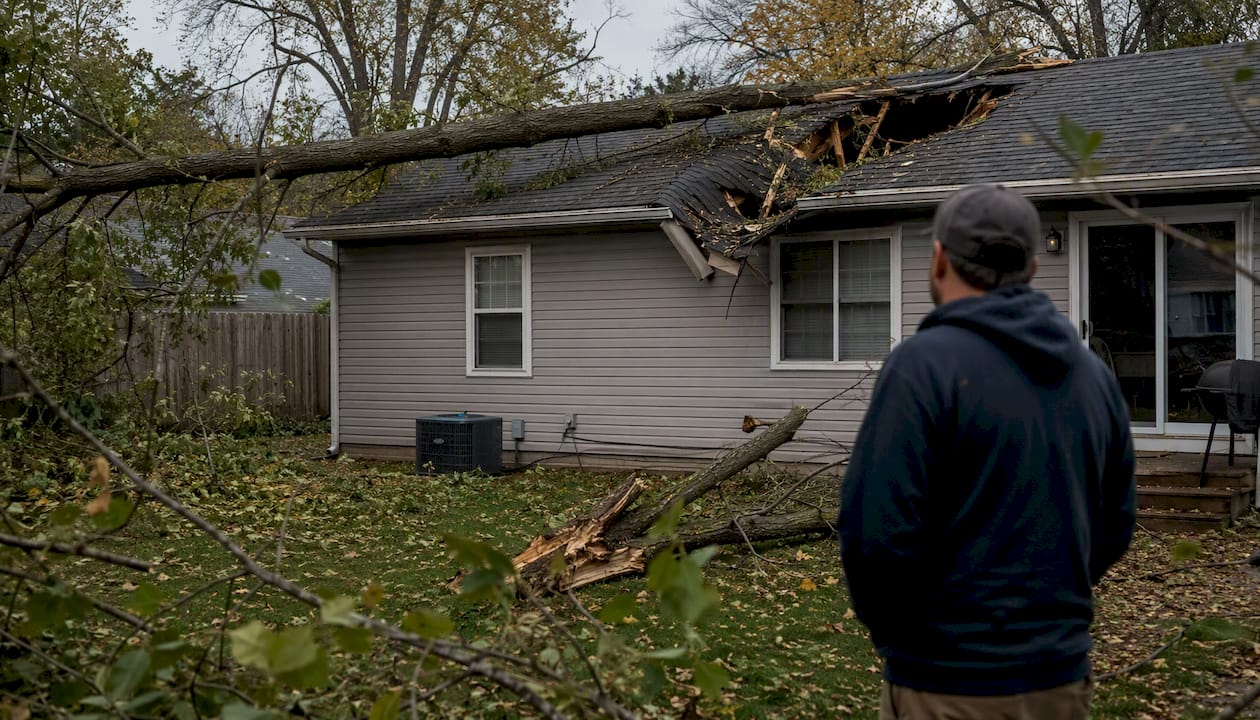 Tree fallen on residential roof with damage