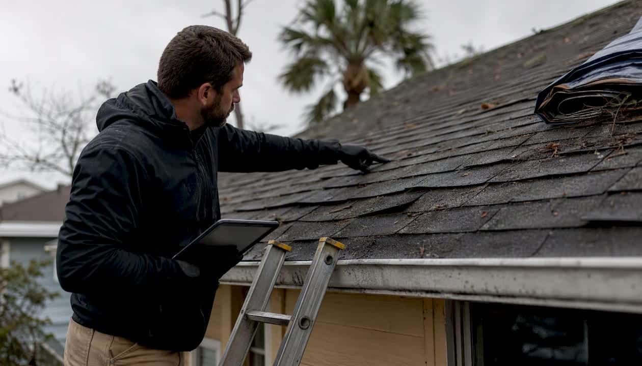 Inspector examining hurricane roof damage