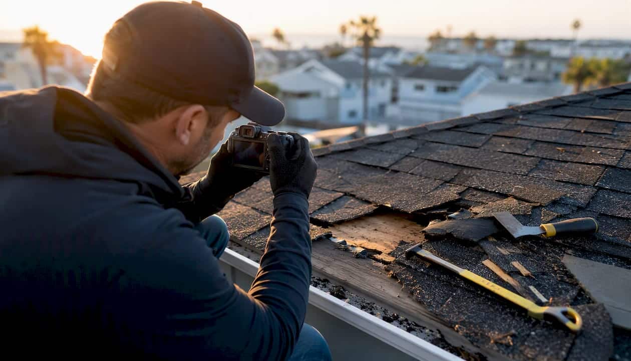 Roofer photographing roof storm damage
