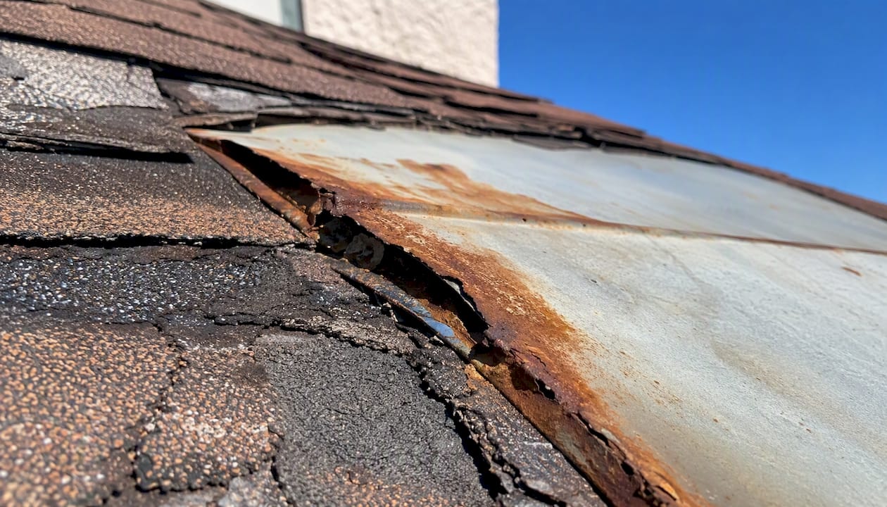 Close-up of damaged roof flashing with water intrusion