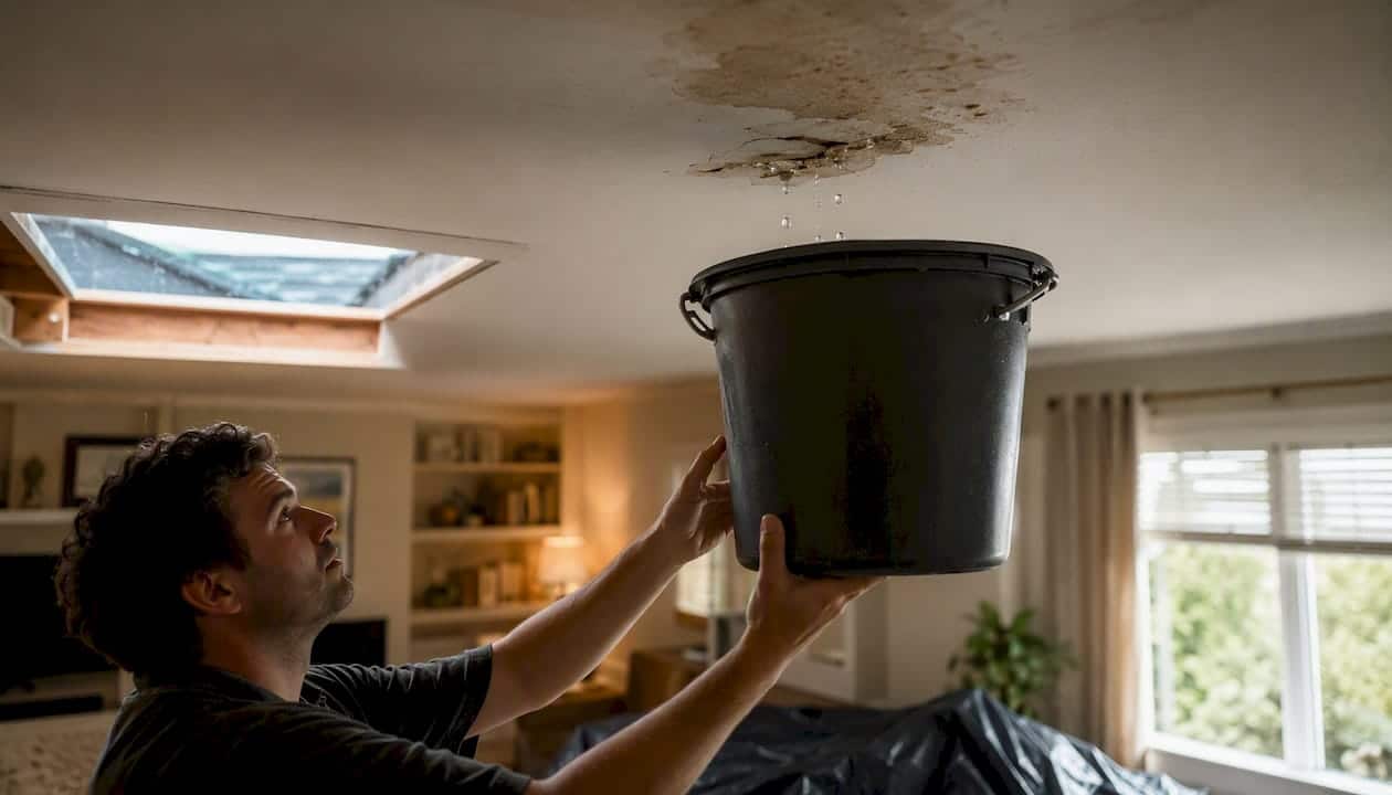 Bucket collecting water from leaking ceiling