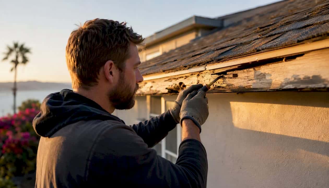 Roofer testing fascia wood with screwdriver