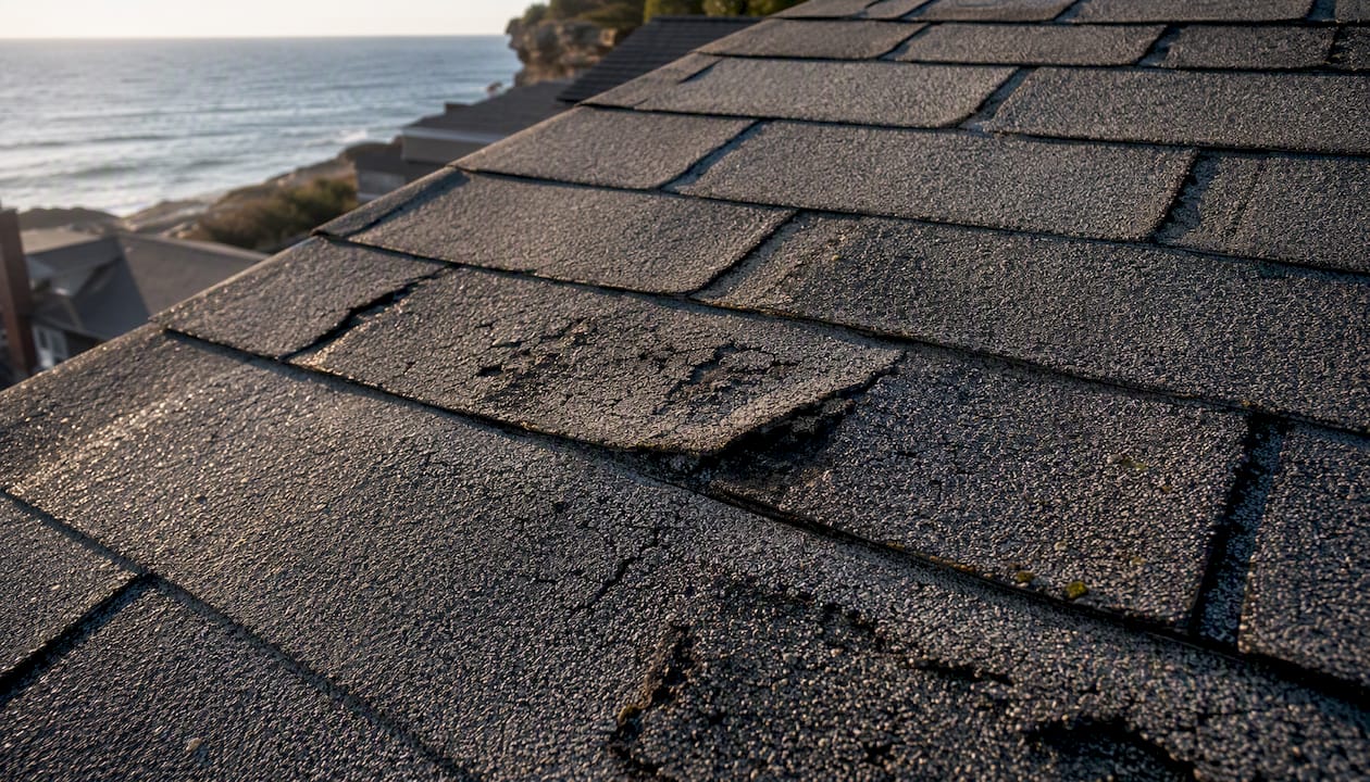 Close-up of worn asphalt shingles with granule loss
