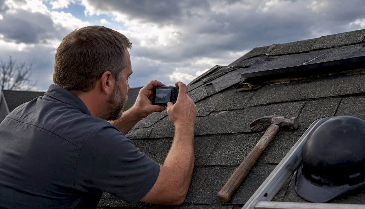 Contractor photographing roof storm damage closely