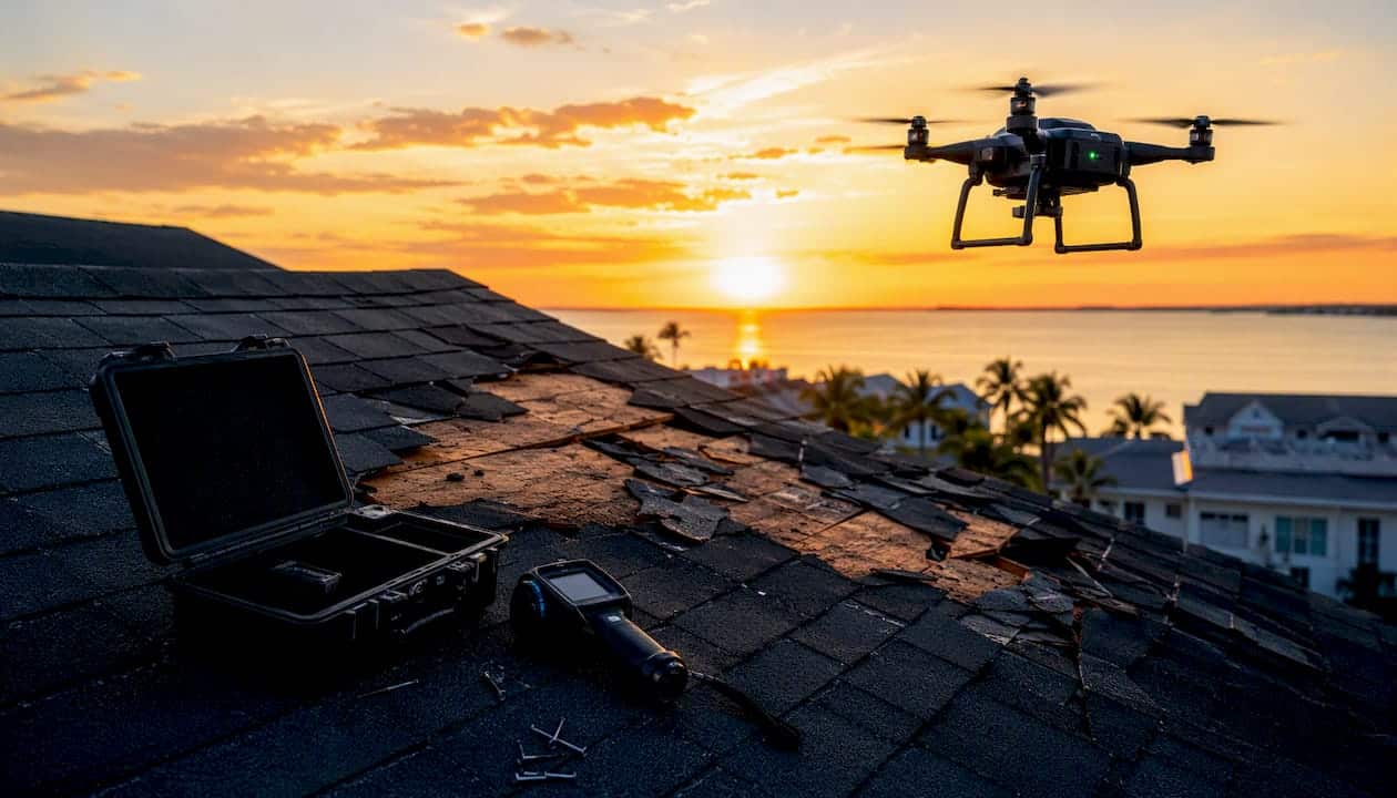 Drone and thermal scanning device inspecting roof damage