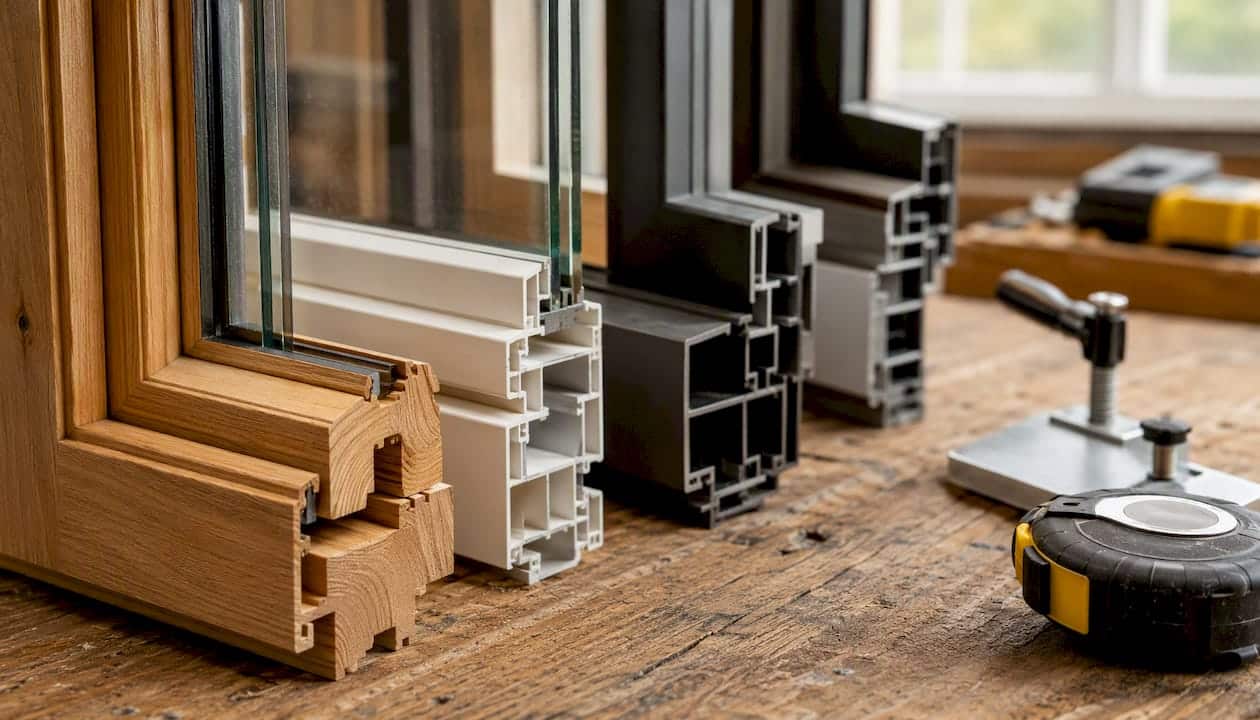 Various window frame material samples on carpentry bench