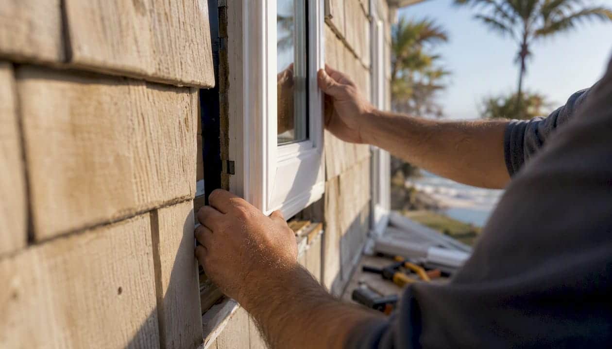 Hands installing window frame on coastal home