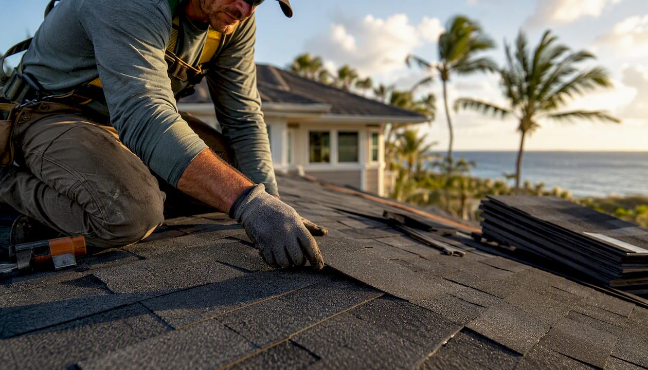Roofer installing Class 4 impact-resistant shingles