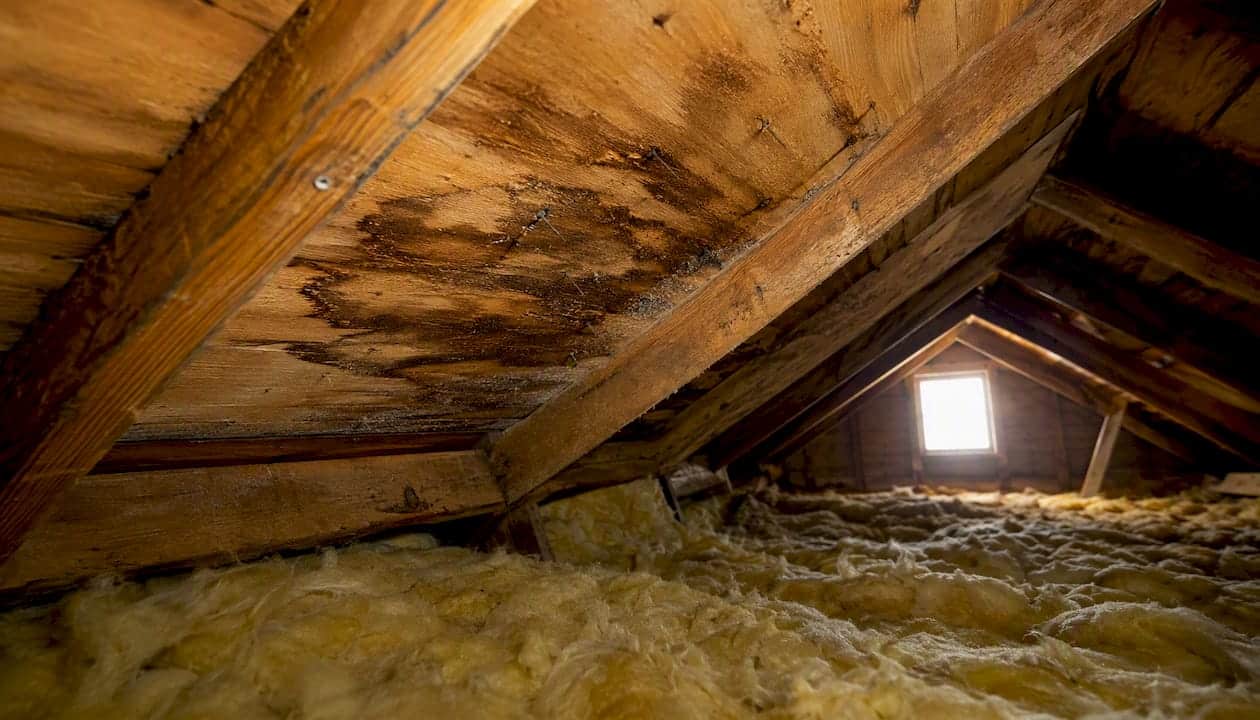 Water-stained attic roof sheathing with rusted nails