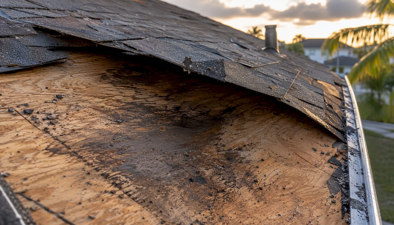 Soft, sagging roof decking with damaged shingles