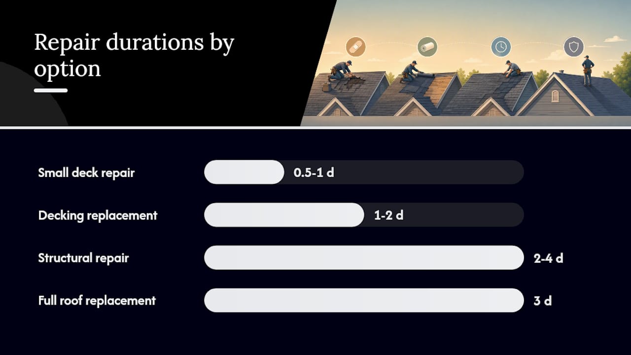 Diagram comparing roof repair categories, costs, and durations