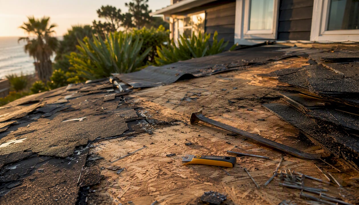 Roof repair tools and exposed decking close-up